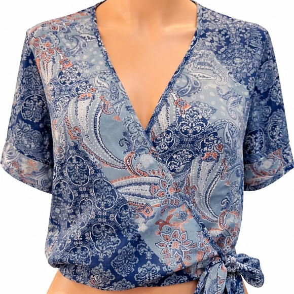 Paper Crane Tops - Blue Paisley Wrap Top Tie Waist Short Sleeve Boho Crop Blouse Small Paper Crane